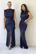 Navy Blue High-Neck Sequin Evening Dress