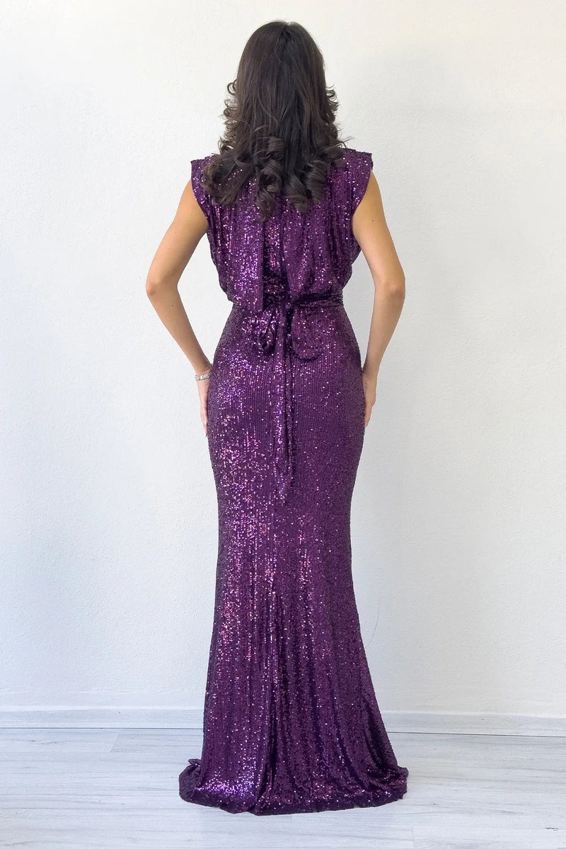 Women's Plum High Neck Kuşak Detail Slit Sequin Evening Gown