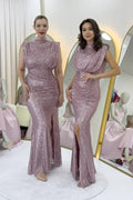 Powder Pink High-Neck Sequin Evening Dress