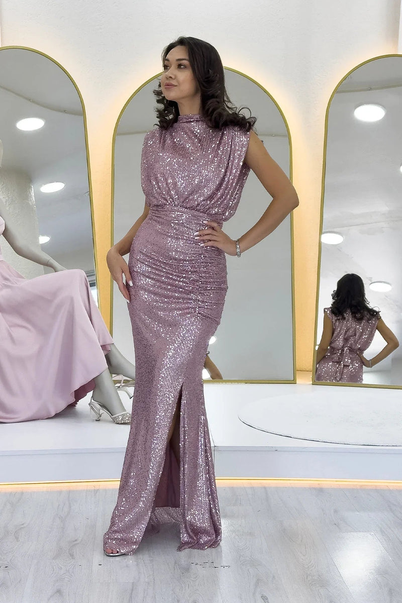 Women's Powder Pink High Neck Kuşak Detail Slit Sequin Evening Gown