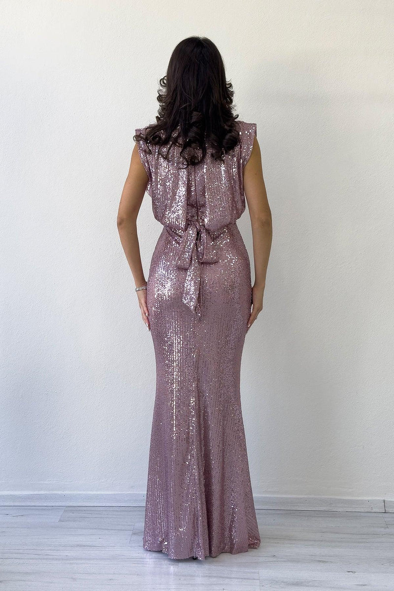 Women's Powder Pink High Neck Kuşak Detail Slit Sequin Evening Gown