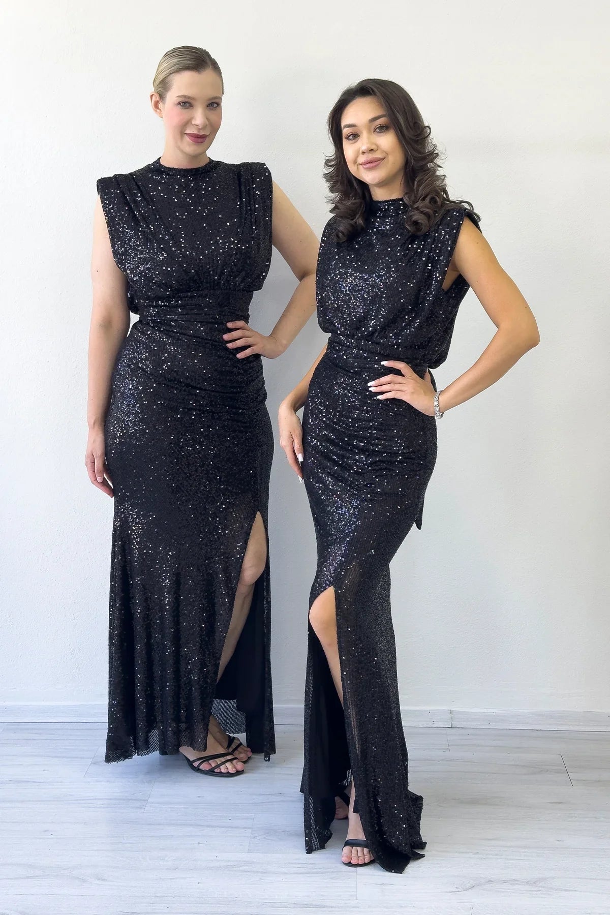 Women's Black High Neck Kuşak Detail Slit Sequin Evening Gown