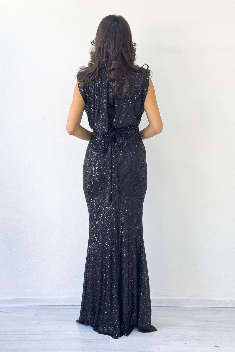 Women's Black High Neck Kuşak Detail Slit Sequin Evening Gown