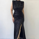 Black High-Neck Sequin Evening Dress