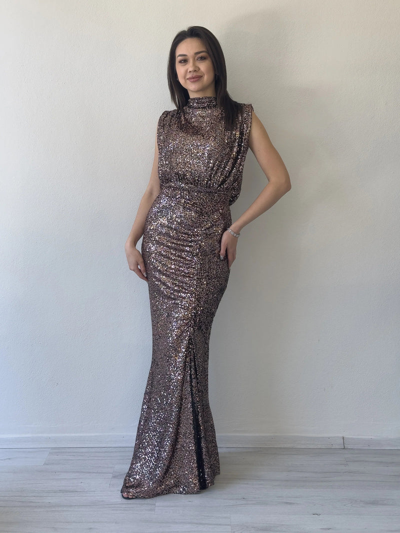 Women's Mink High Neck Kuşak Detail Slit Sequin Evening Gown