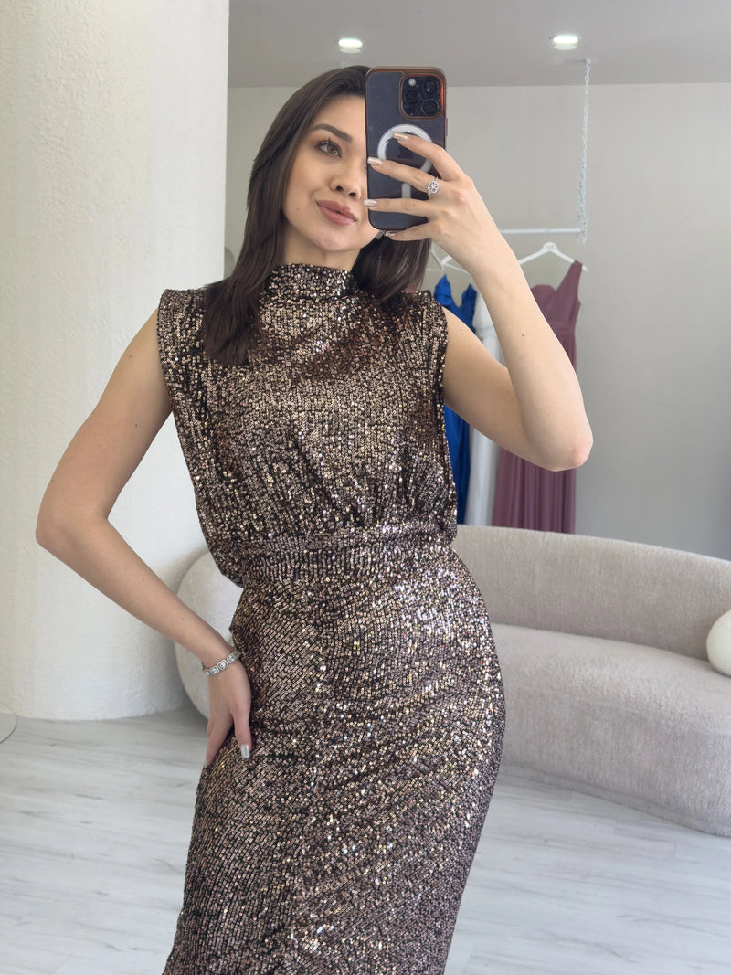 Women's Mink High Neck Kuşak Detail Slit Sequin Evening Gown