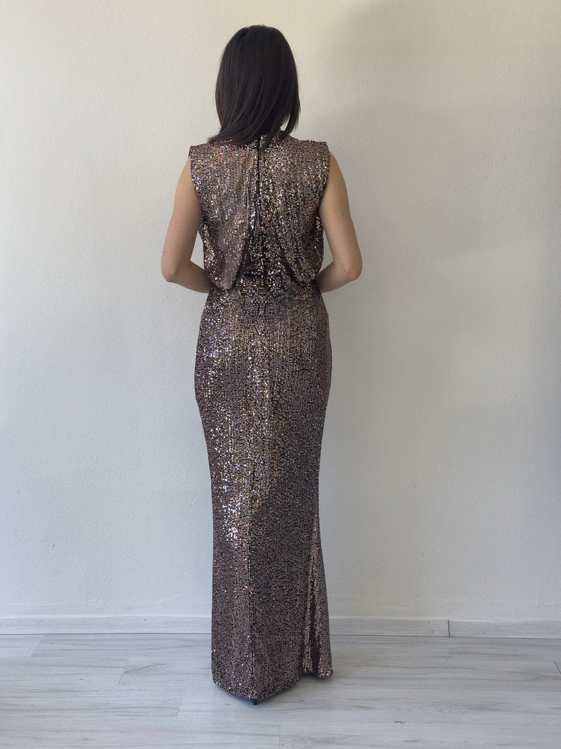 Women's Mink High Neck Kuşak Detail Slit Sequin Evening Gown