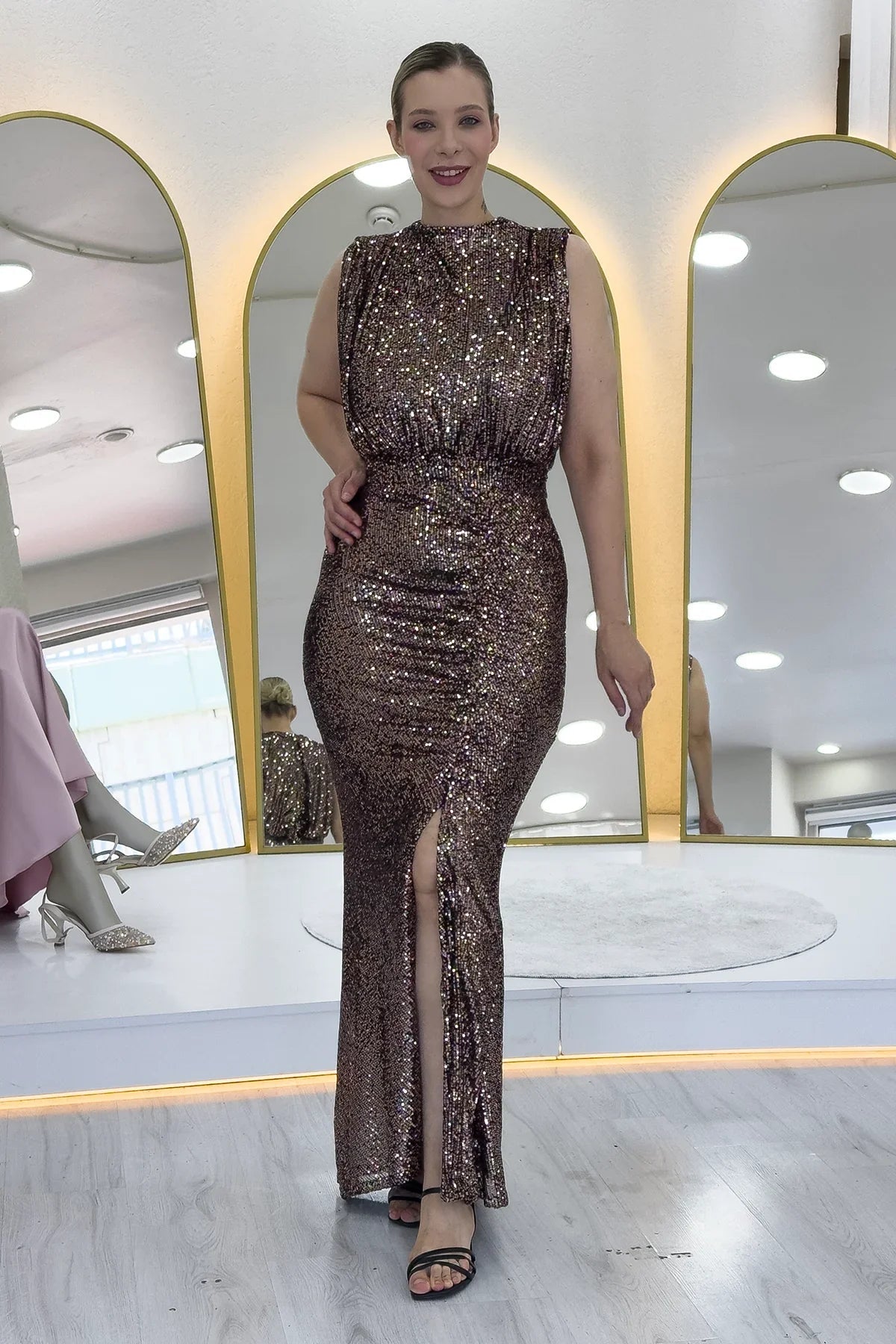 Women's Mink High Neck Kuşak Detail Slit Sequin Evening Gown