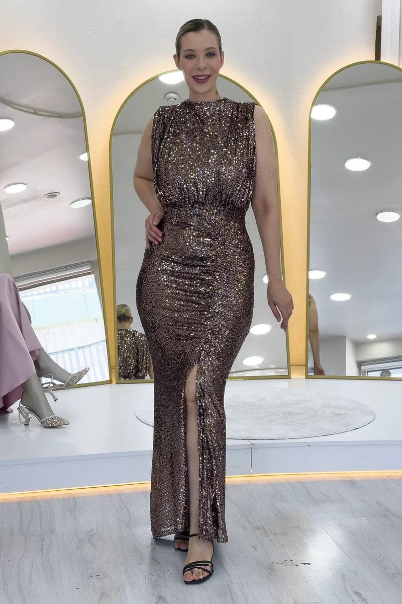 Women's Mink High Neck Kuşak Detail Slit Sequin Evening Gown