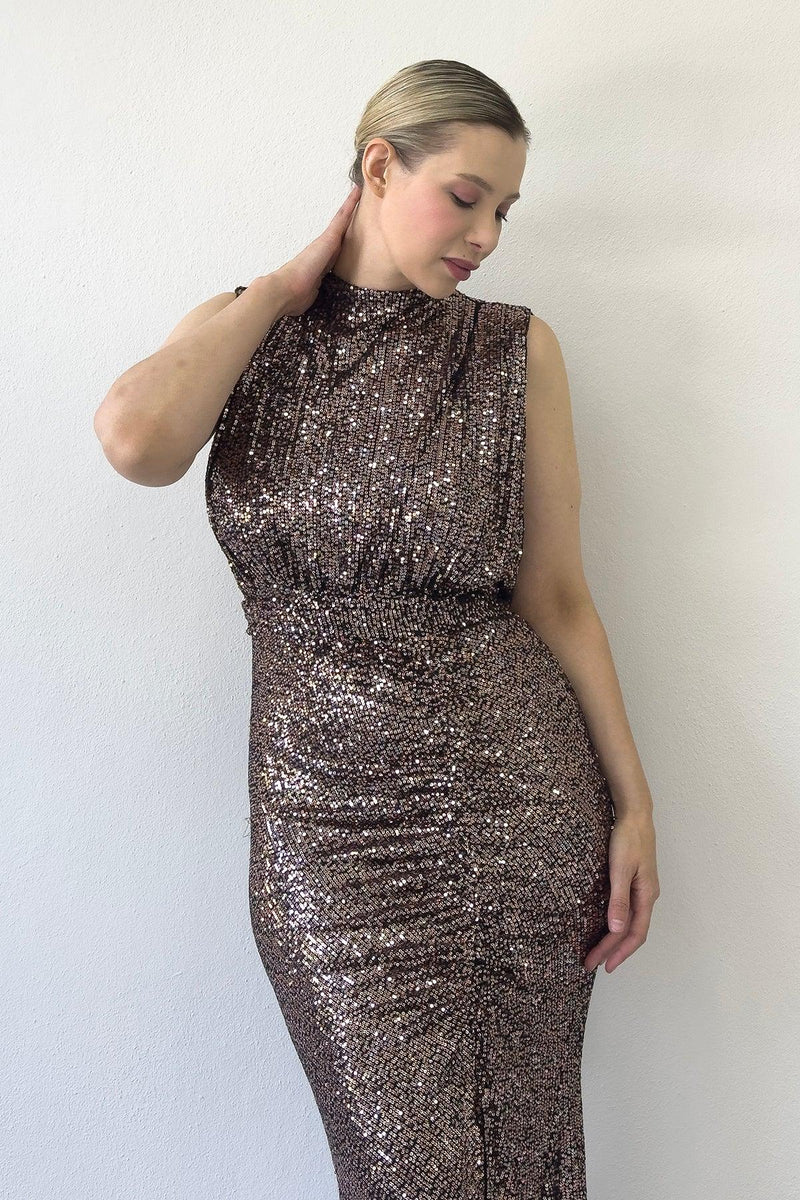 Women's Mink High Neck Kuşak Detail Slit Sequin Evening Gown