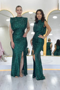 Emerald Green High-Neck Sequin Evening Dress