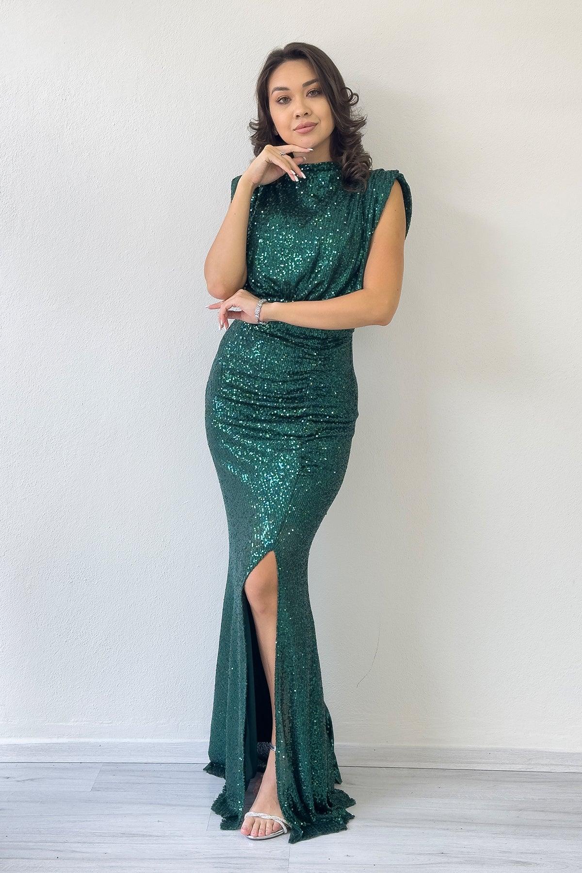 Women's Emerald Green High Neck Kuşak Detail Slit Sequin Evening Gown