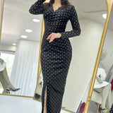 Black Gold Patterned Drapedd Velvet Midi Pencil Dress