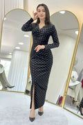 Black Gold Patterned Drapedd Velvet Midi Pencil Dress