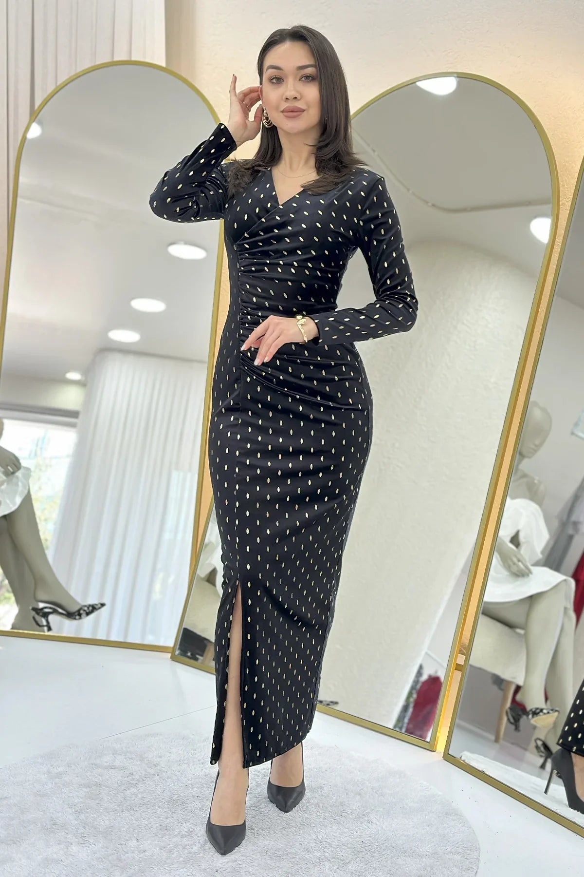 Women's Black Gold Patterned Draped Velvet Midi Pencil Dress