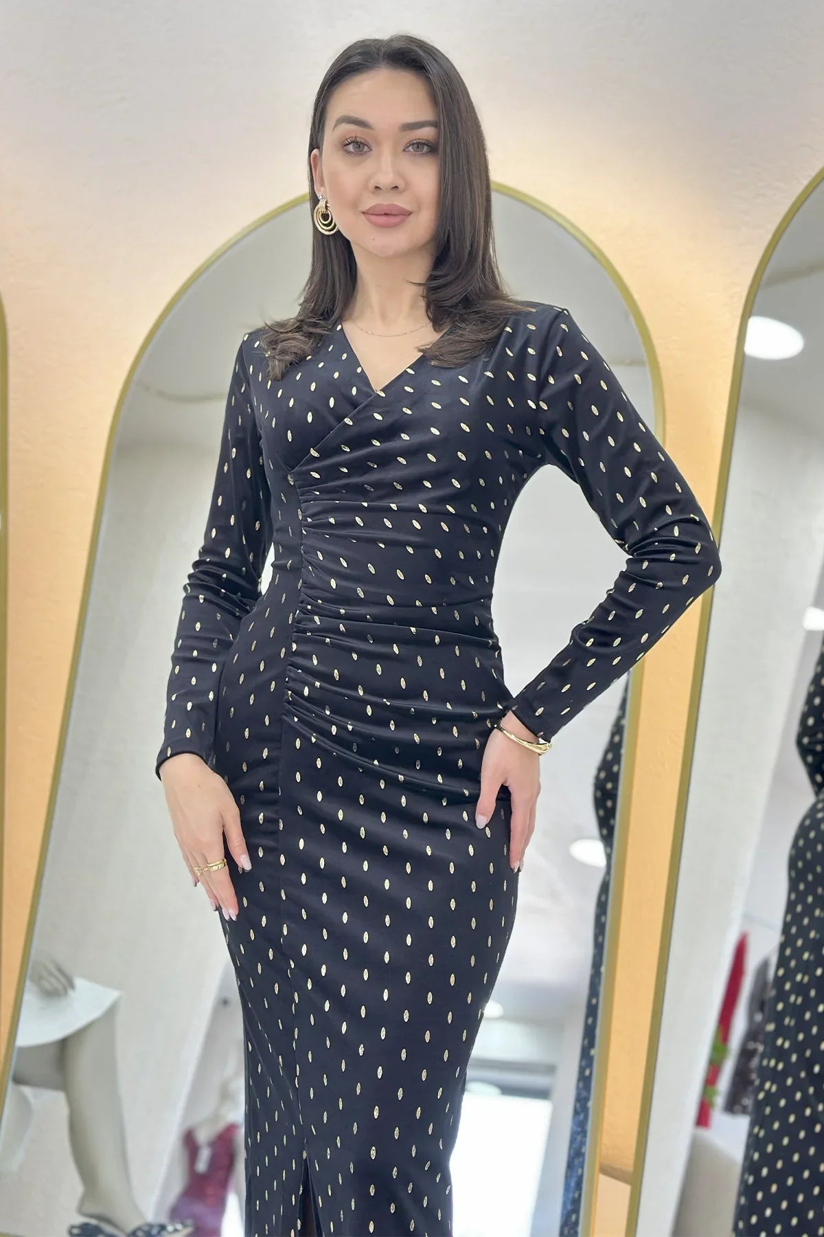 Women's Black Gold Patterned Draped Velvet Midi Pencil Dress