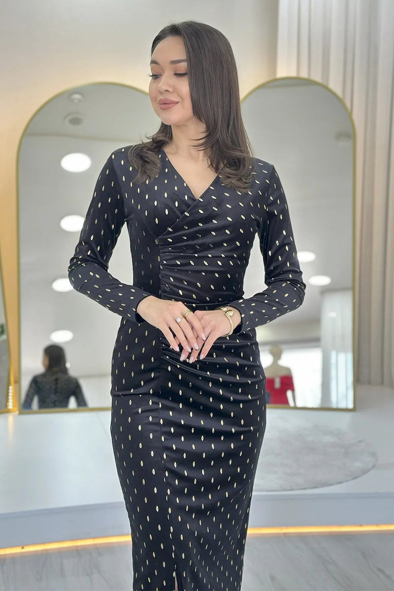 Women's Black Gold Patterned Draped Velvet Midi Pencil Dress