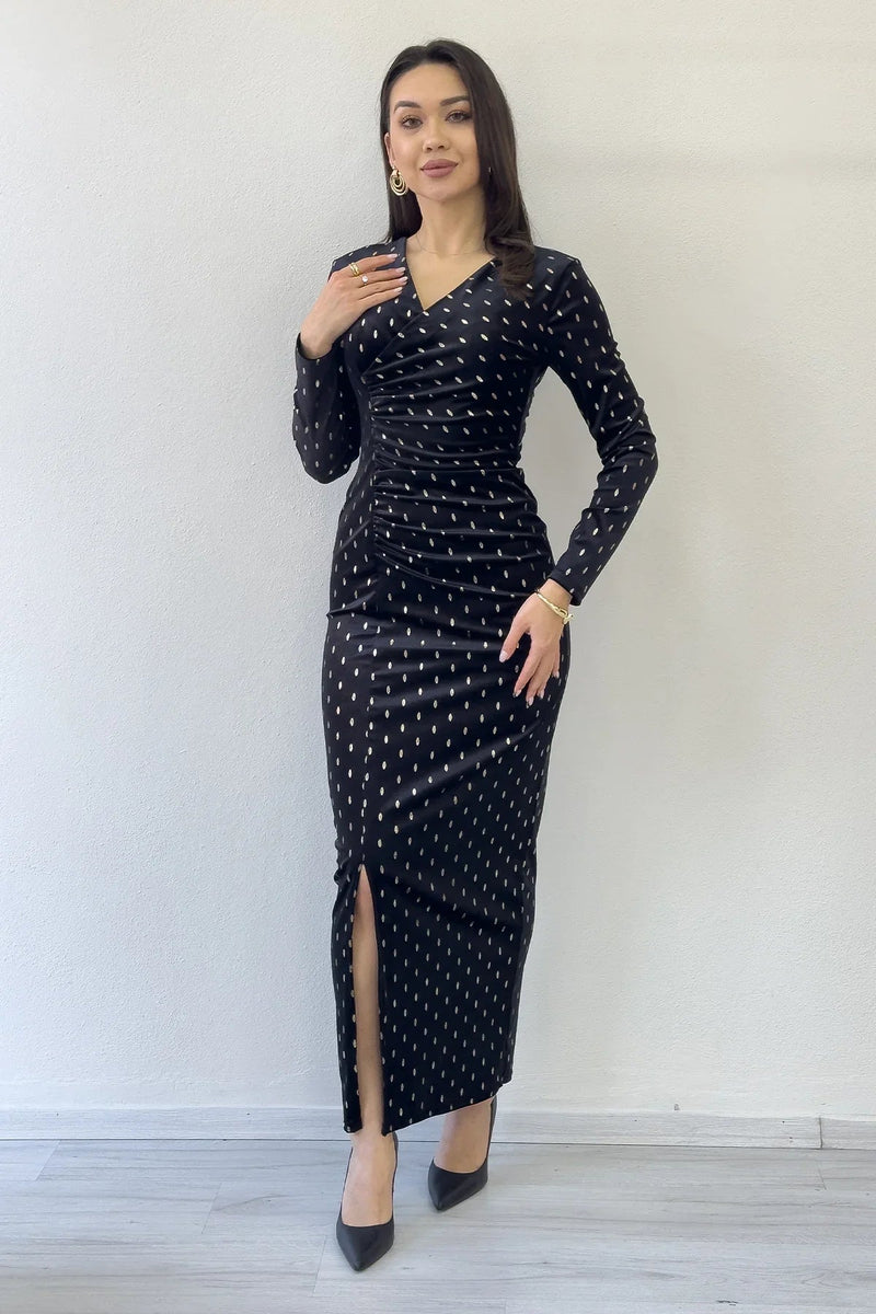 Women's Black Gold Patterned Draped Velvet Midi Pencil Dress