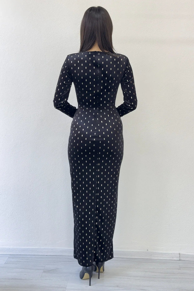 Women's Black Gold Patterned Draped Velvet Midi Pencil Dress