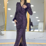 Purple Sequined Feathered Maxi Evening Dress
