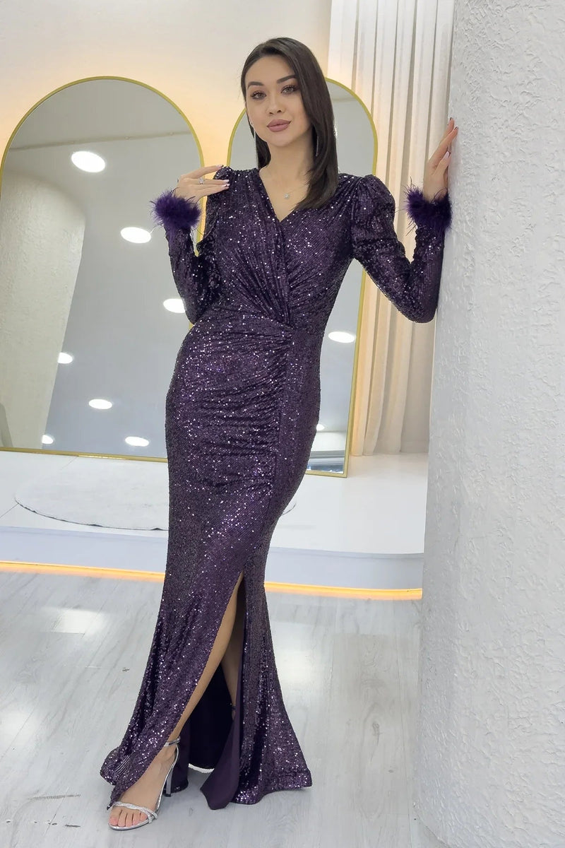 Women's Plum Wrap Neck Otriş Detail Sequin Slit Mermaid Evening Gown