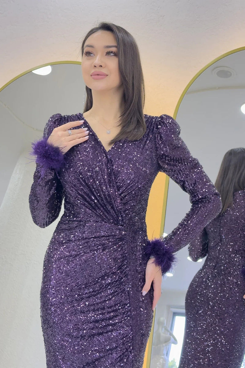 Women's Plum Wrap Neck Otriş Detail Sequin Slit Mermaid Evening Gown