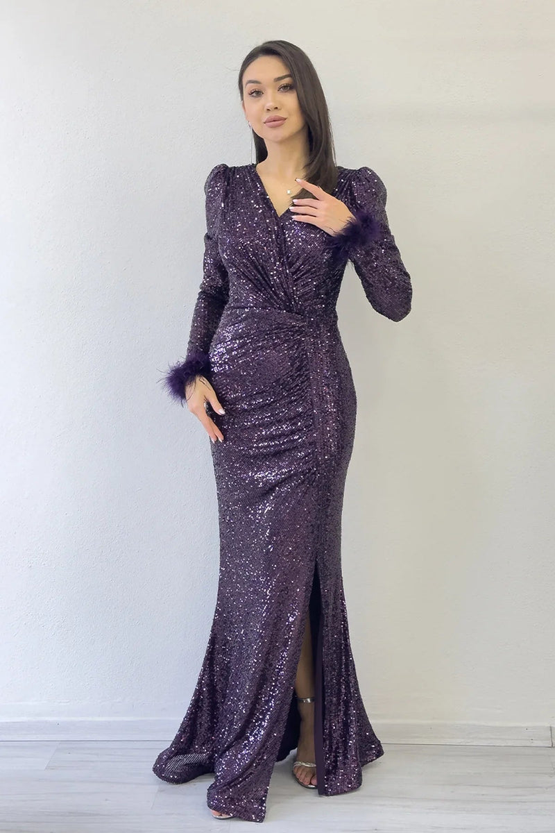Women's Plum Wrap Neck Otriş Detail Sequin Slit Mermaid Evening Gown