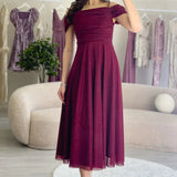 Burgundy Midi-Length Low-Shoulder Evening Dress