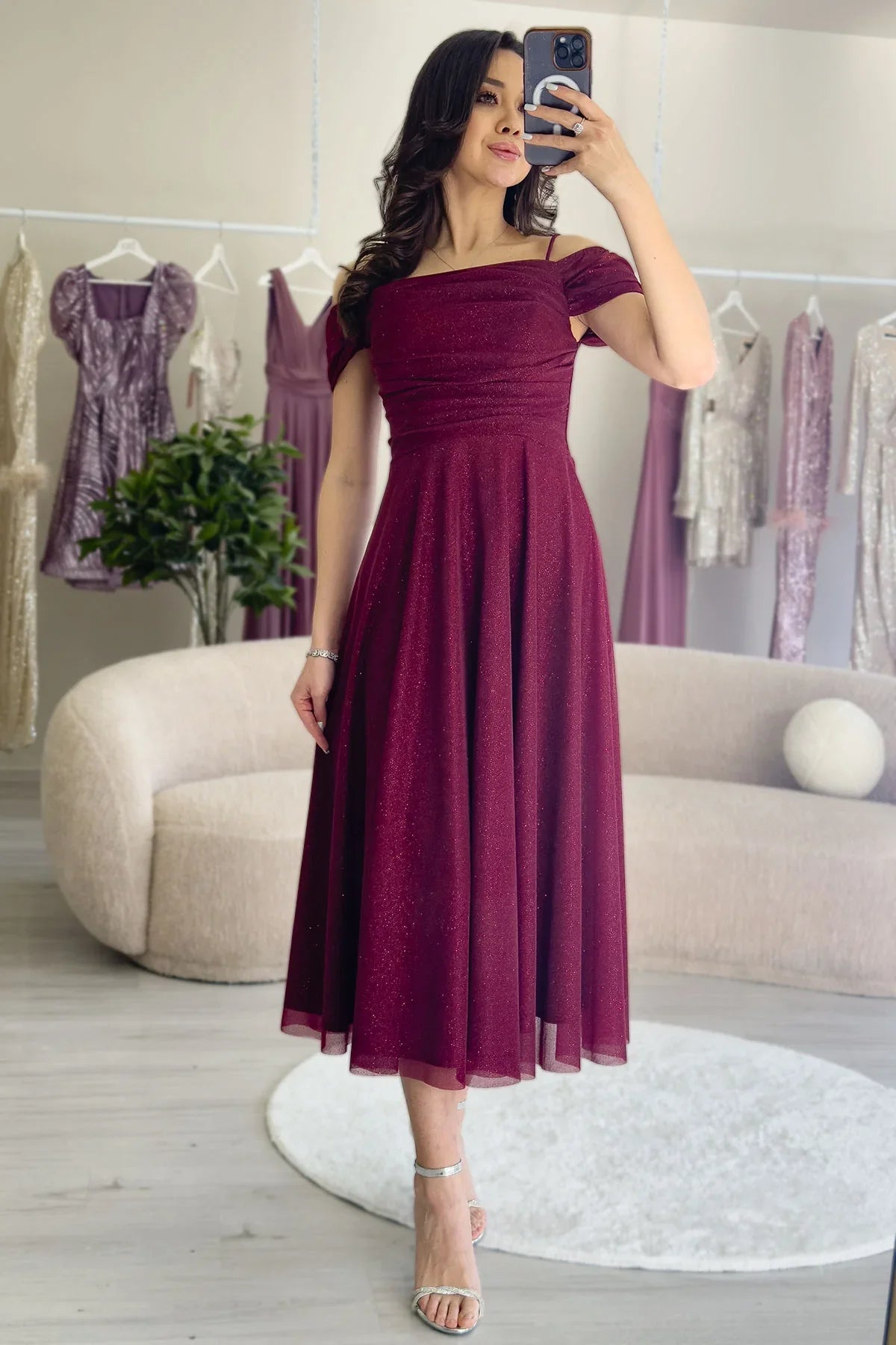 Women's Burgundy Midi Flared Strap Off-Shoulder Evening Gown