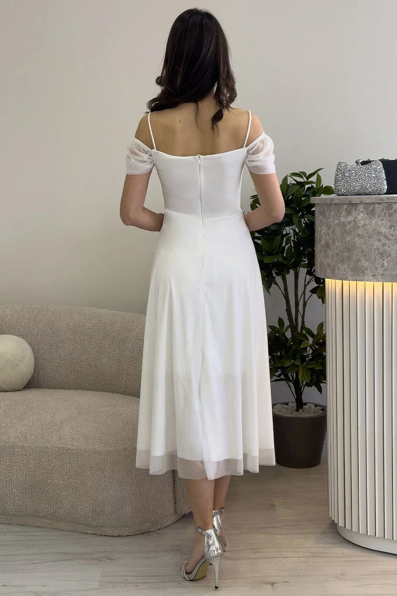 White Midi-Length Low-Shoulder Evening Dress