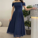 Navy Blue Midi-Length Low-Shoulder Evening Dress