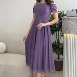 Lilac Midi-Length Low-Shoulder Evening Dress