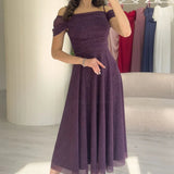Purple Midi-Length Low-Shoulder Evening Dress