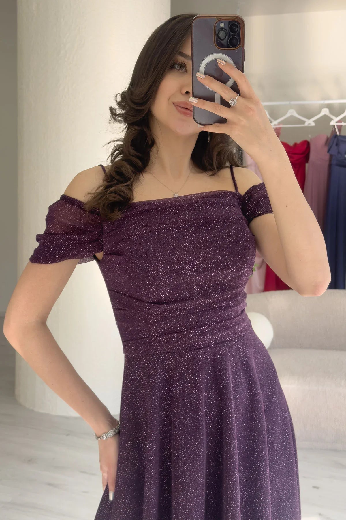 Women's Purple Midi Flared Strap Off-Shoulder Evening Gown