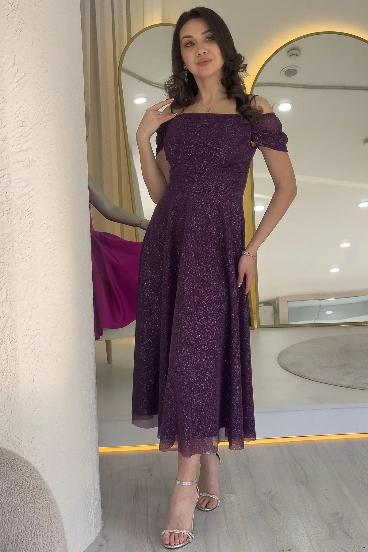 Women's Purple Midi Flared Strap Off-Shoulder Evening Gown