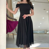 Black Midi-Length Low-Shoulder Evening Dress