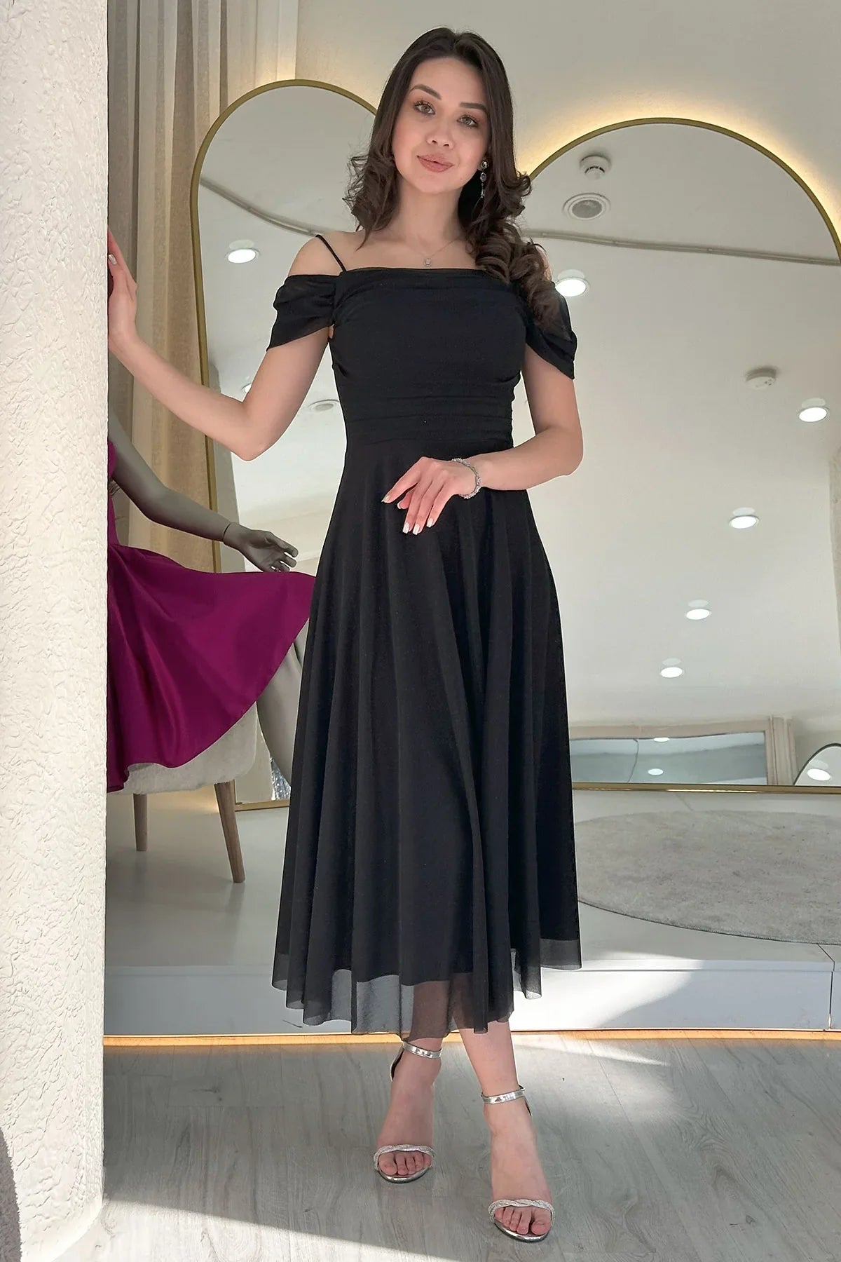 Women's Black Midi Flared Strap Off-Shoulder Evening Gown