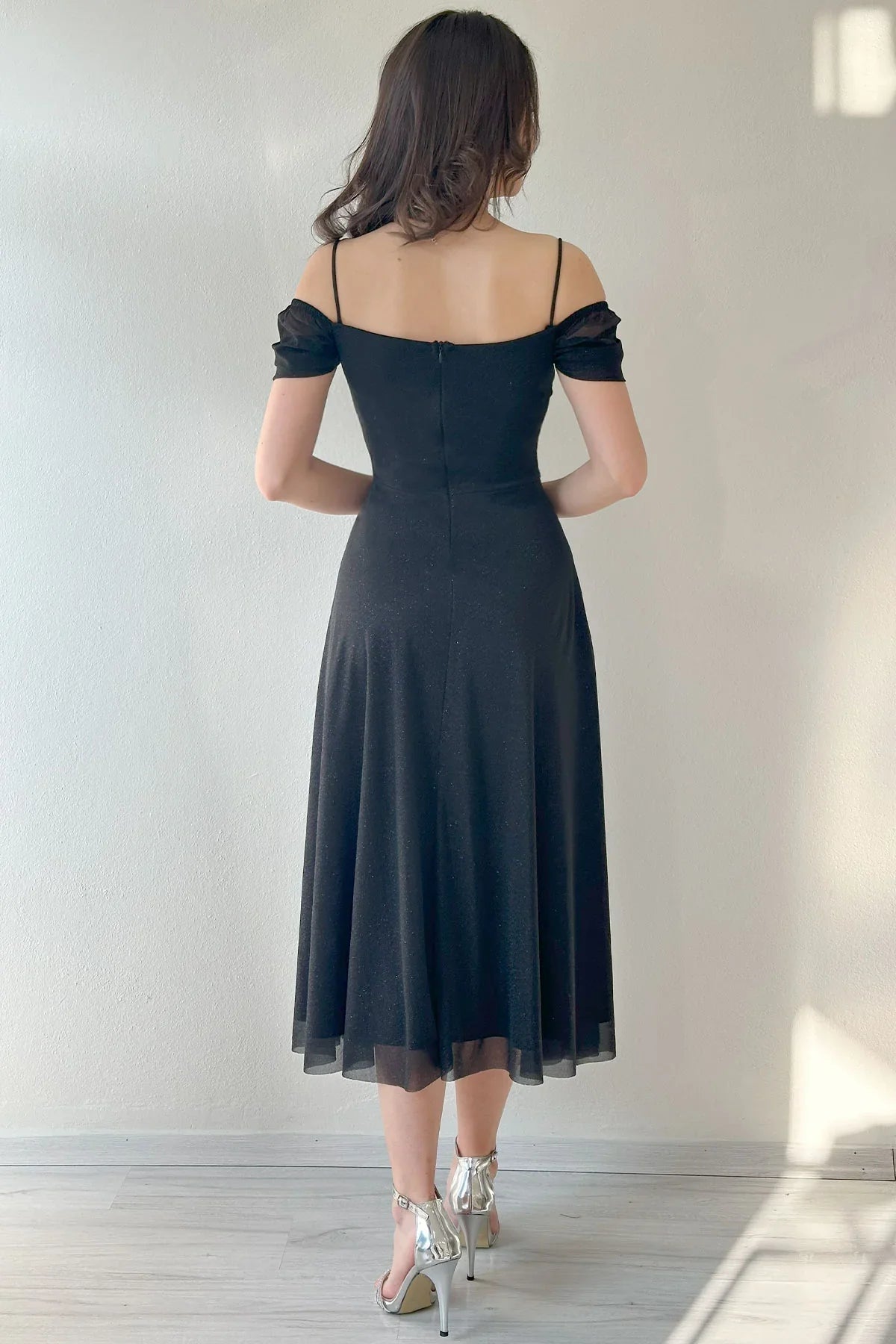 Women's Black Midi Flared Strap Off-Shoulder Evening Gown