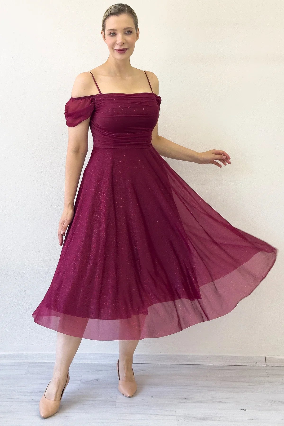 Burgundy Midi-Length Low-Shoulder Evening Dress
