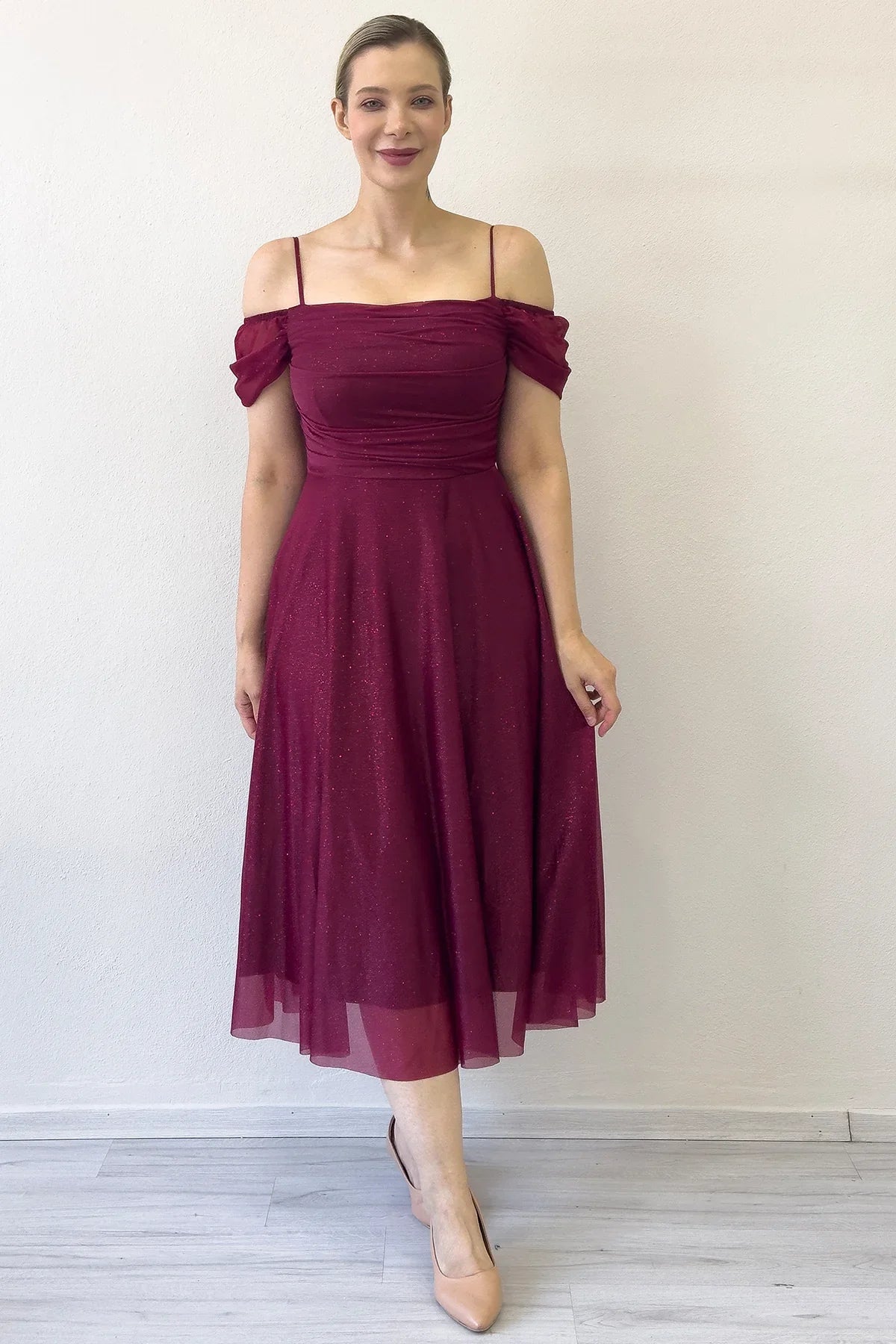 Burgundy Midi-Length Low-Shoulder Evening Dress