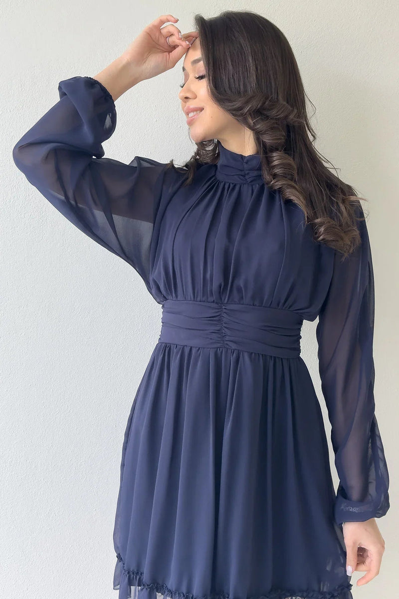 Women's Navy Blue Sırt Dekolte Skirt Ucu Ruffled Mini Chiffon Dress