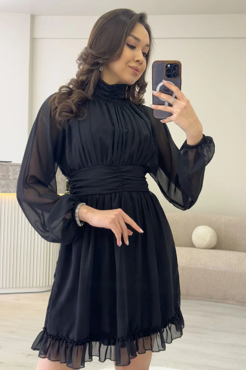 Women's Black Sırt Dekolte Skirt Ucu Ruffled Mini Chiffon Dress
