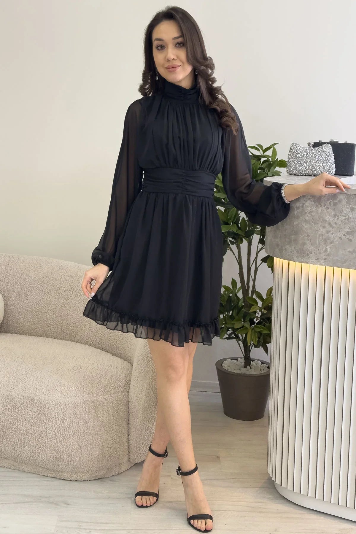 Women's Black Sırt Dekolte Skirt Ucu Ruffled Mini Chiffon Dress