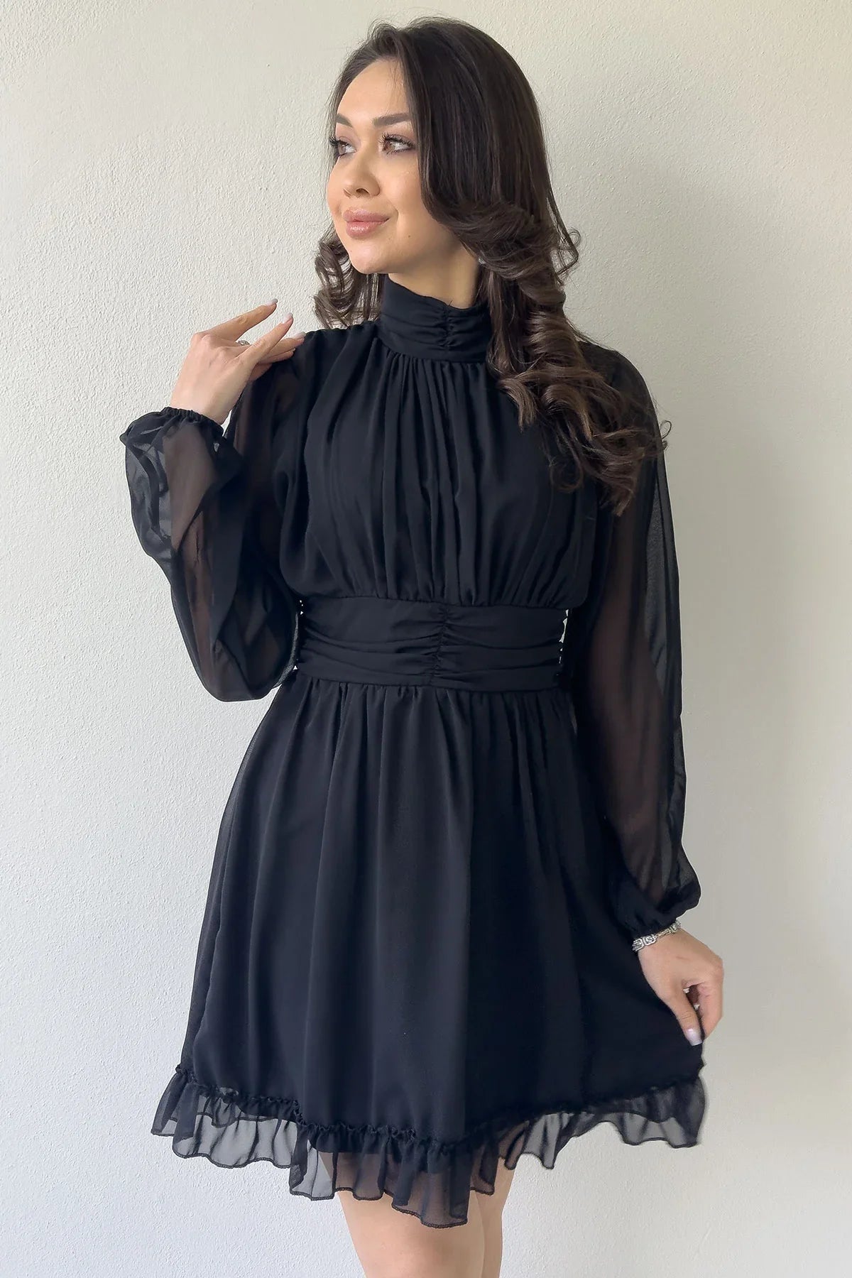 Women's Black Sırt Dekolte Skirt Ucu Ruffled Mini Chiffon Dress