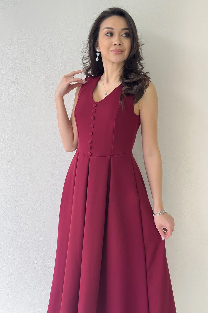 Women's Burgundy V-Neck Düğme Detail Piliseli Midi Dress