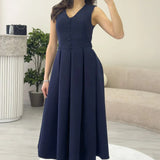 Navy Blue V-Neck Midi Dress