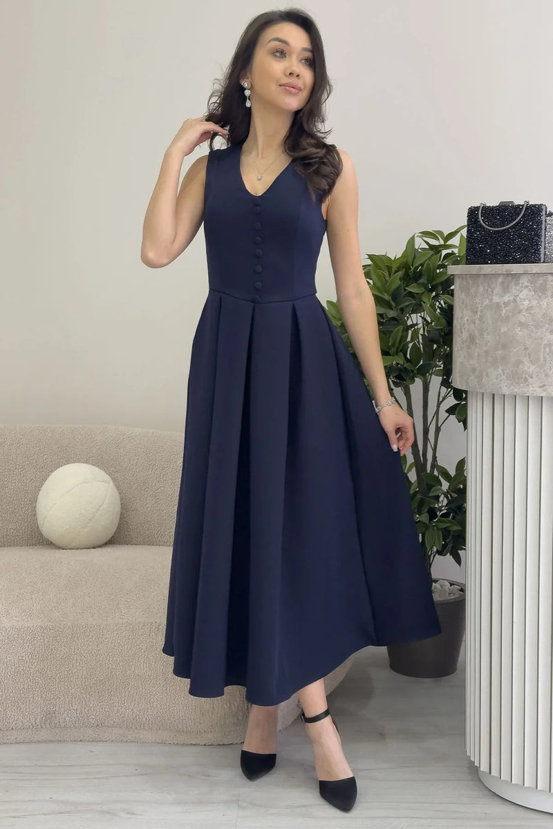 Women's Navy Blue V-Neck Düğme Detail Piliseli Midi Dress