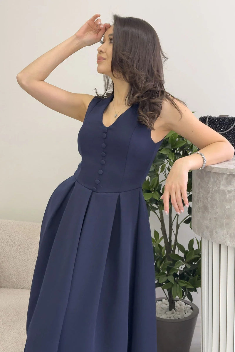 Women's Navy Blue V-Neck Düğme Detail Piliseli Midi Dress