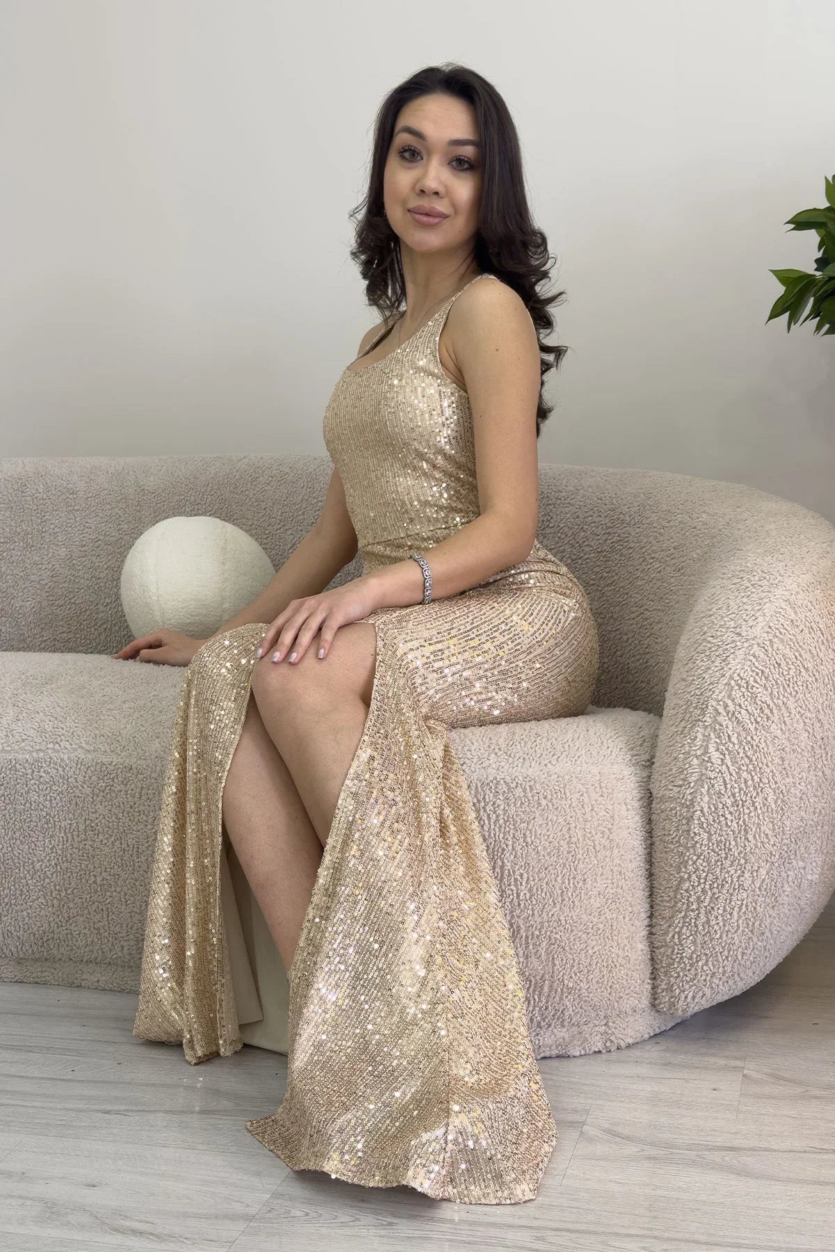 Women's Beige Strap Slit Sequin Evening Gown
