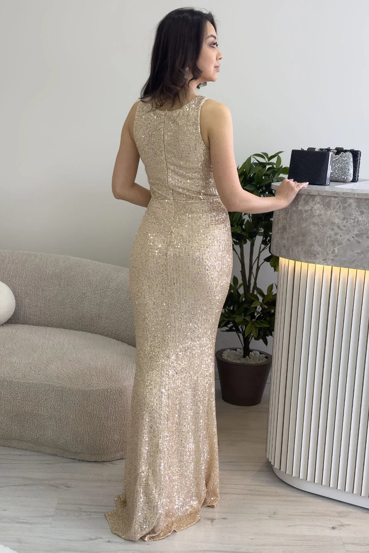 Women's Beige Strap Slit Sequin Evening Gown